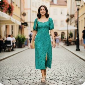 Missguided+ Green Midi Dress with Slit and Puff Sleeves